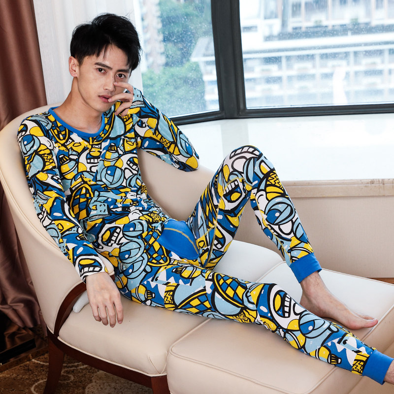 男士薄款保暖内衣套装棉质秋衣秋裤运动青年圆领个性感打底衫秋冬