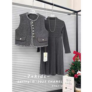 【年货！春款】韩版女童装中大童春季气质长袖连衣裙毛呢马甲套装