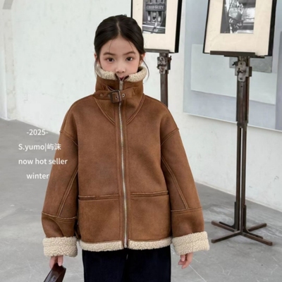 韩版女童装儿童中大童加厚皮毛一体机车服保暖外搭上衣外套棉服