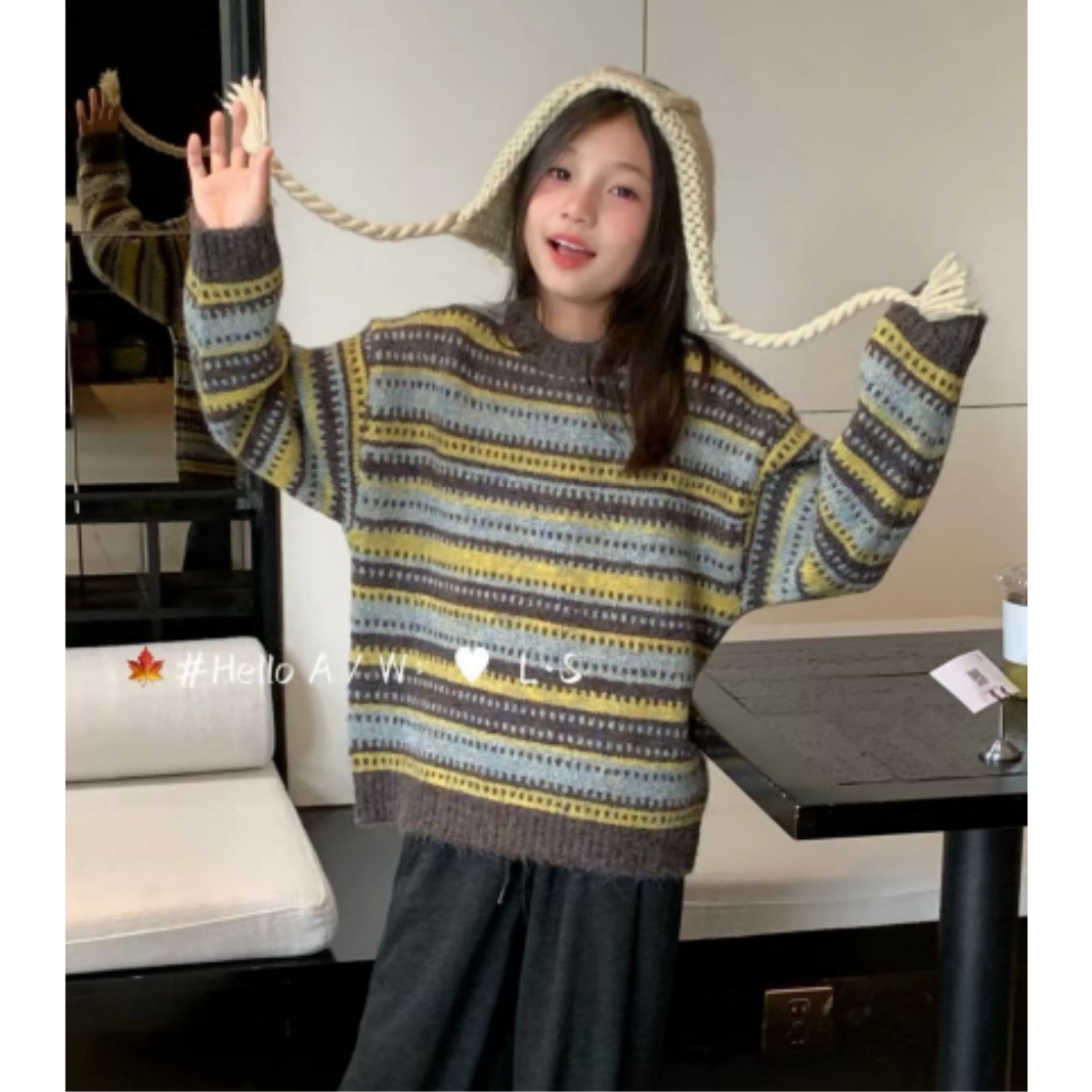 韩版女童装儿童中大童条纹毛衣套头上衣针织衫内搭冬款