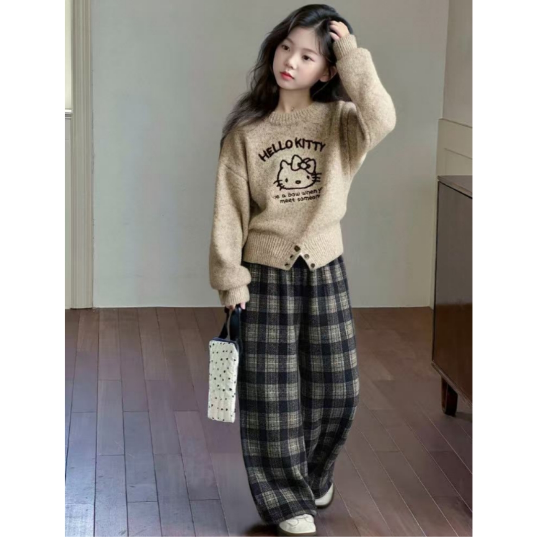 女童装儿童中大童秋冬韩版针织短款开叉套头衫百搭格子裤两件套装