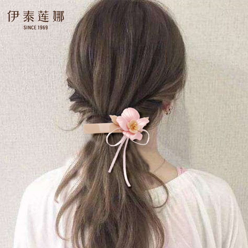 伊泰莲娜 花折粉色绸丝带蝴蝶结发夹 8CM鉄夹脑后勺发饰发卡 女
