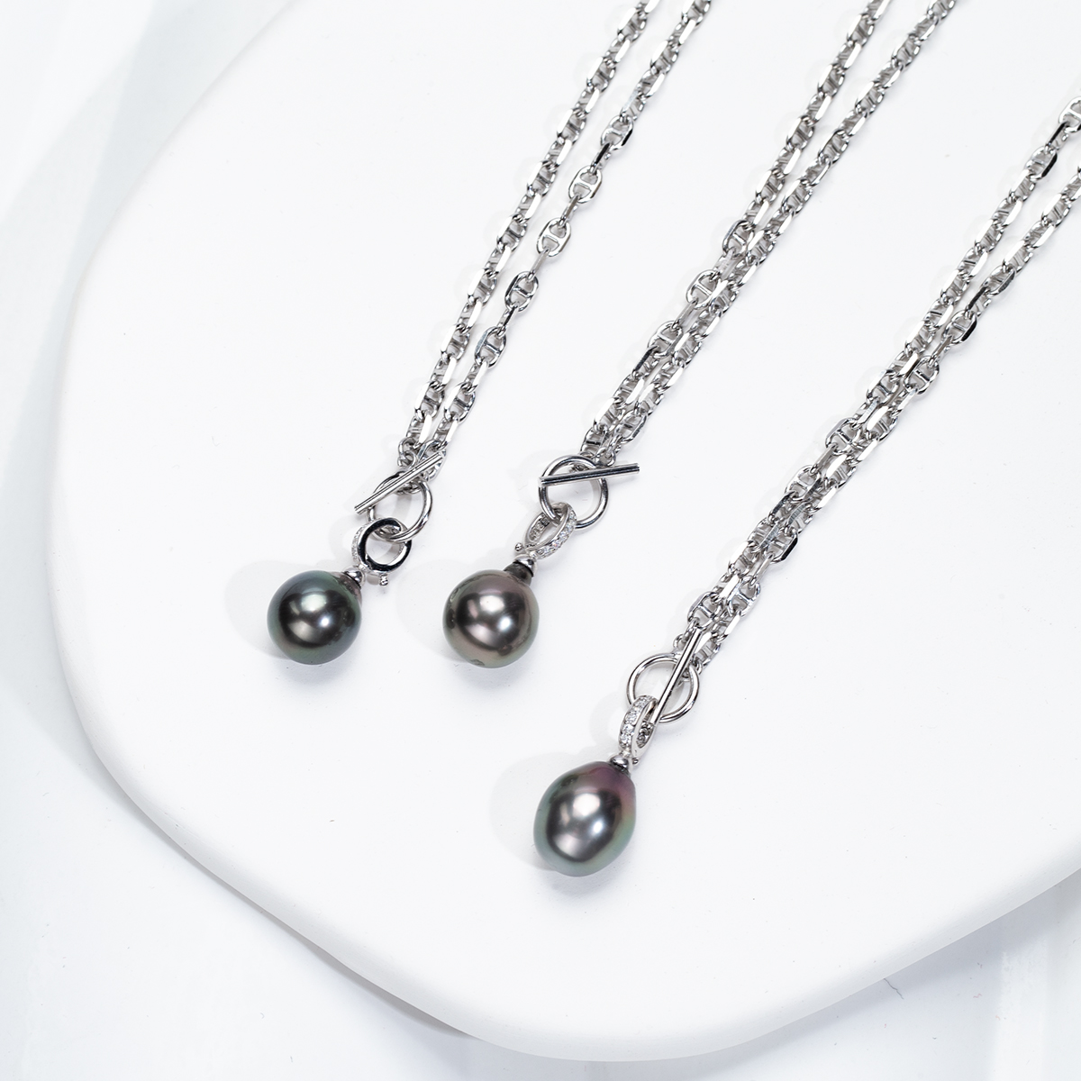 【油皮】海水珍珠大溪地巴洛克吊坠猪鼻子银链50CM