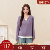 美式 采多宝大码 女装 假两件撞色小狗绣花上衣胖mm卡通减龄宽松t恤