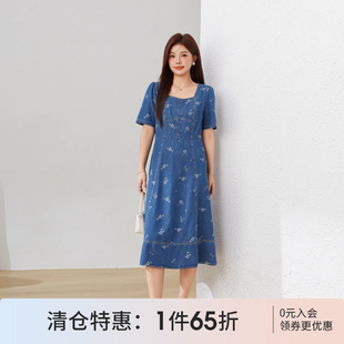 方领收腰牛仔提花薄款 采多宝高端大码 新款 女装 连衣裙 胖mm2025夏季