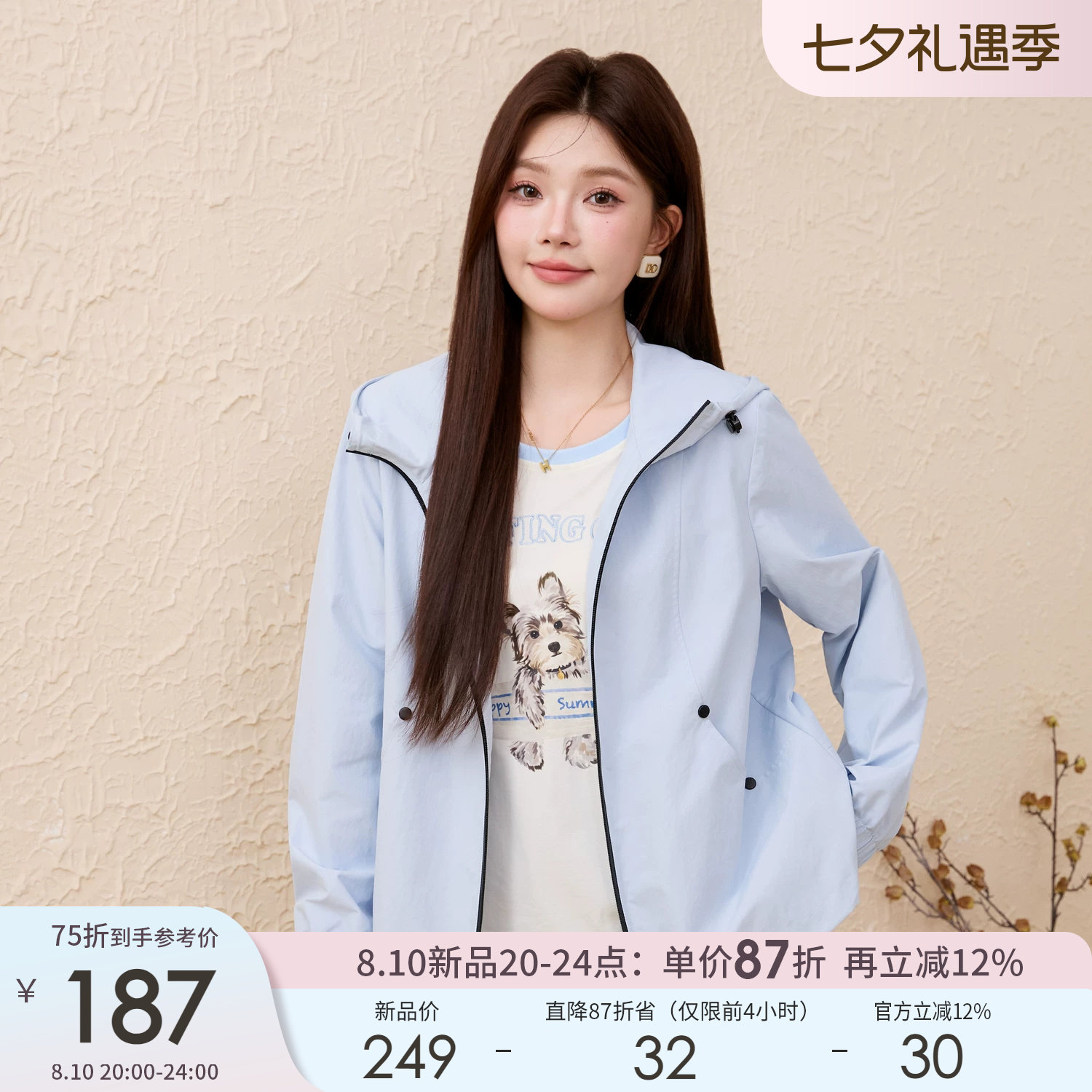 采多宝大码女装胖mm撞色拉链连帽宽松风衣外套FDW7758
