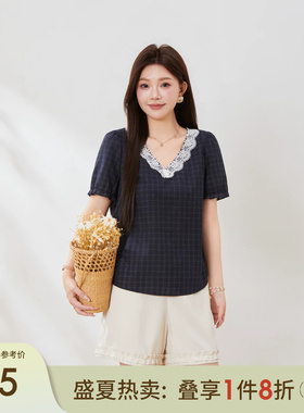 采多宝大码女装胖mm蕾丝V领棉麻格子小衫FXA7676