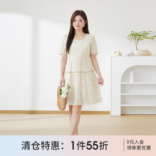 女装 新款 采多宝大码 胖mm夏季 镂空连衣裙 圆领梨型泡泡袖 修身