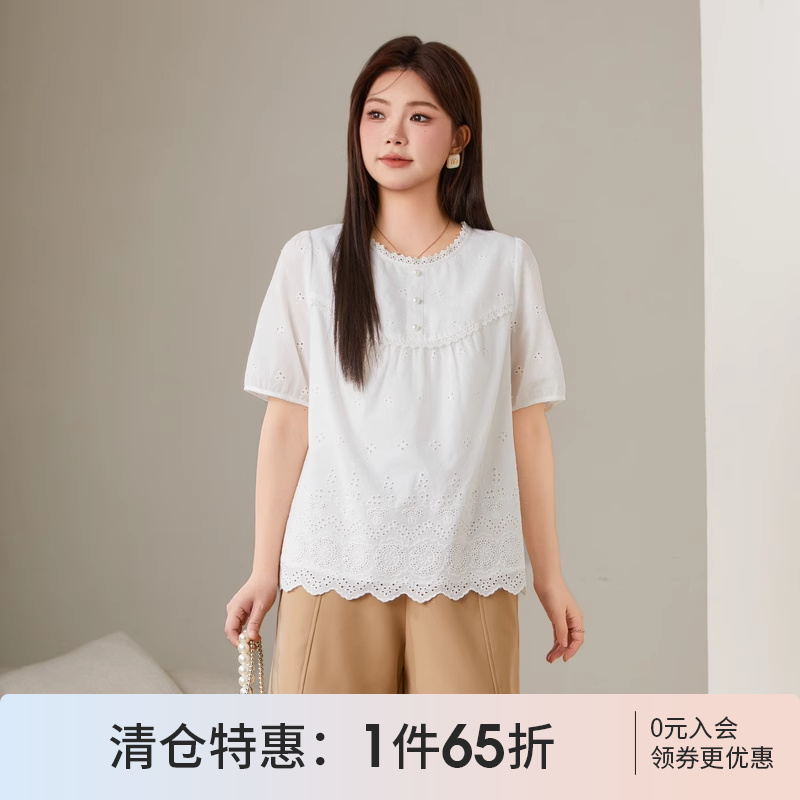采多宝大码女装文艺镂空甜美泡泡袖上衣胖mm夏装修身显瘦薄款衬衫