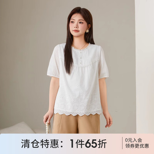 显瘦薄款 上衣胖mm夏装 修身 衬衫 女装 采多宝大码 文艺镂空甜美泡泡袖