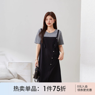 宽松圆领长裙 采多宝高端大码 女装 撞色假两件中长款 连衣裙胖mm薄款