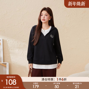 新款 假两件撞色拼接显瘦上衣胖mm2025冬季 连帽卫衣 女装 采多宝大码