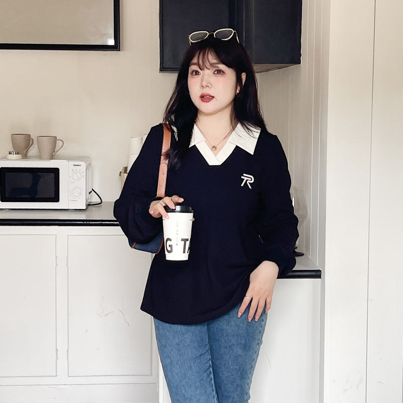 【直播专属】采多宝大码女装2023秋季POLO领撞色显瘦卫衣