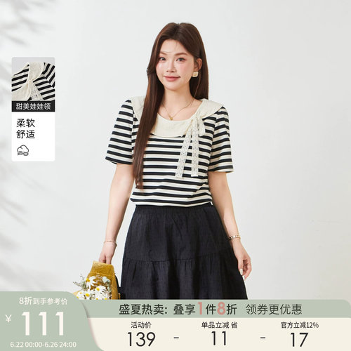 采多宝大码女装甜美风上衣胖mm2026夏季新款娃娃领花边蝴蝶结T恤