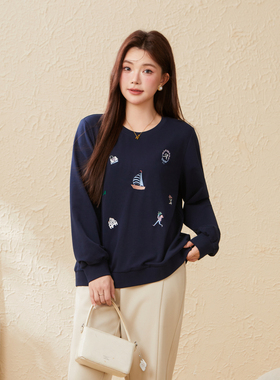 采多宝大码女装胖mm2025秋季新款刺绣圆领宽松百搭卫衣EDZ5887