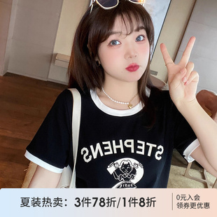 短袖 采多宝2025夏季 字母印花胖mm遮肉显瘦大码 新款 t恤上衣女 韩版