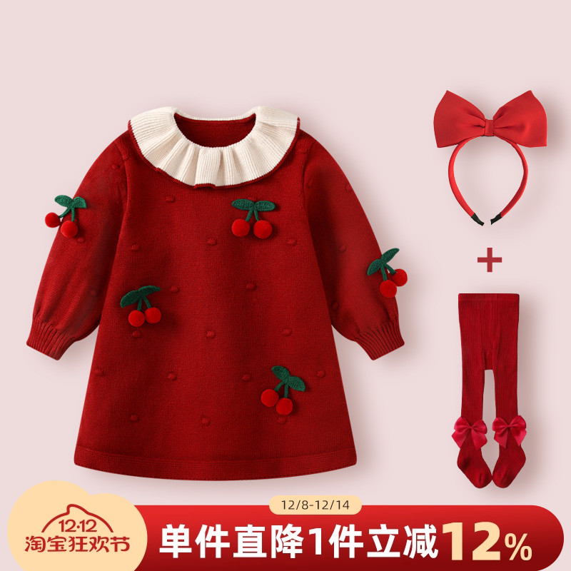 周岁女宝宝礼服秋冬红色连衣裙