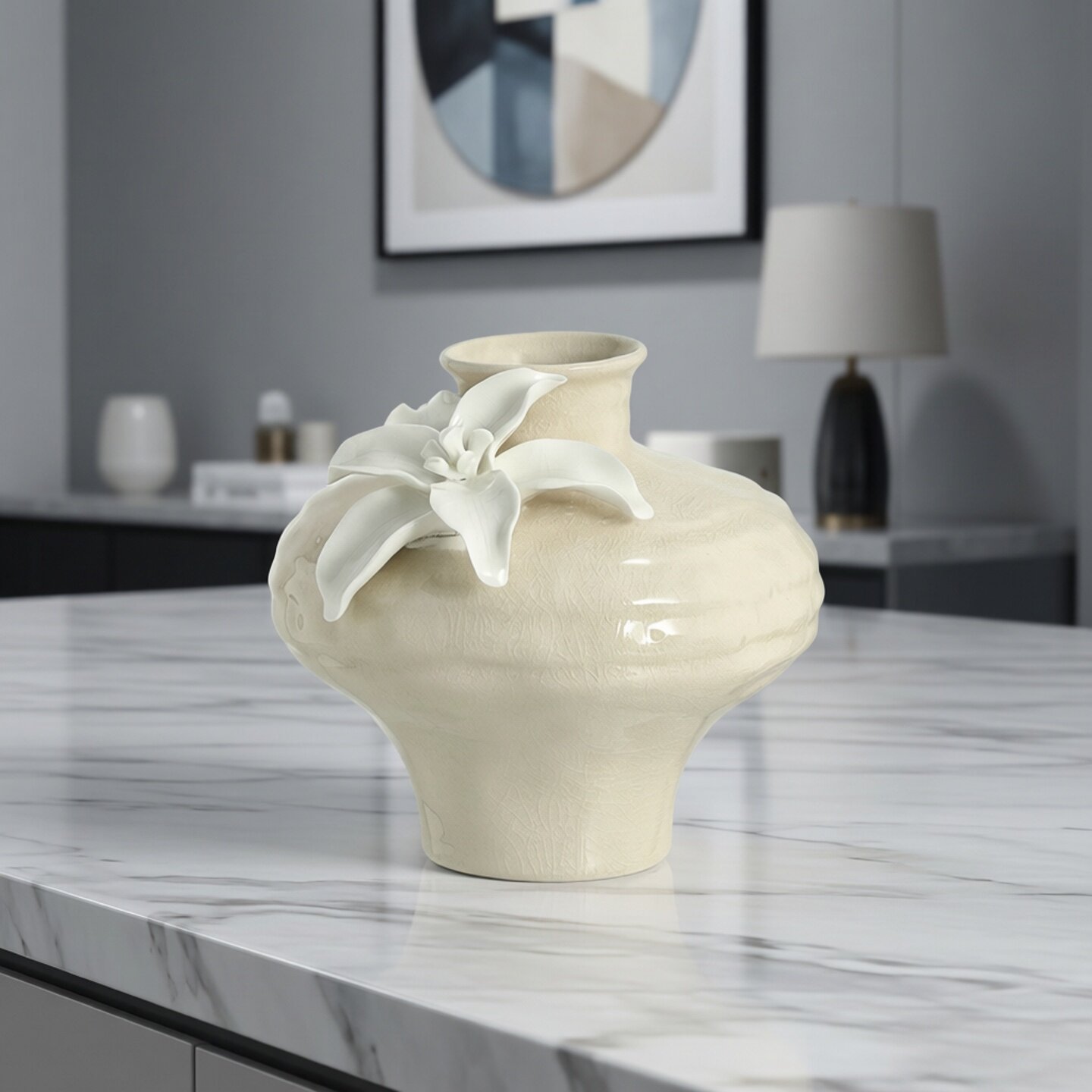 简约现代陶瓷素釉百合花陶瓷小花瓶摆设家居别墅会所桌面软装饰品