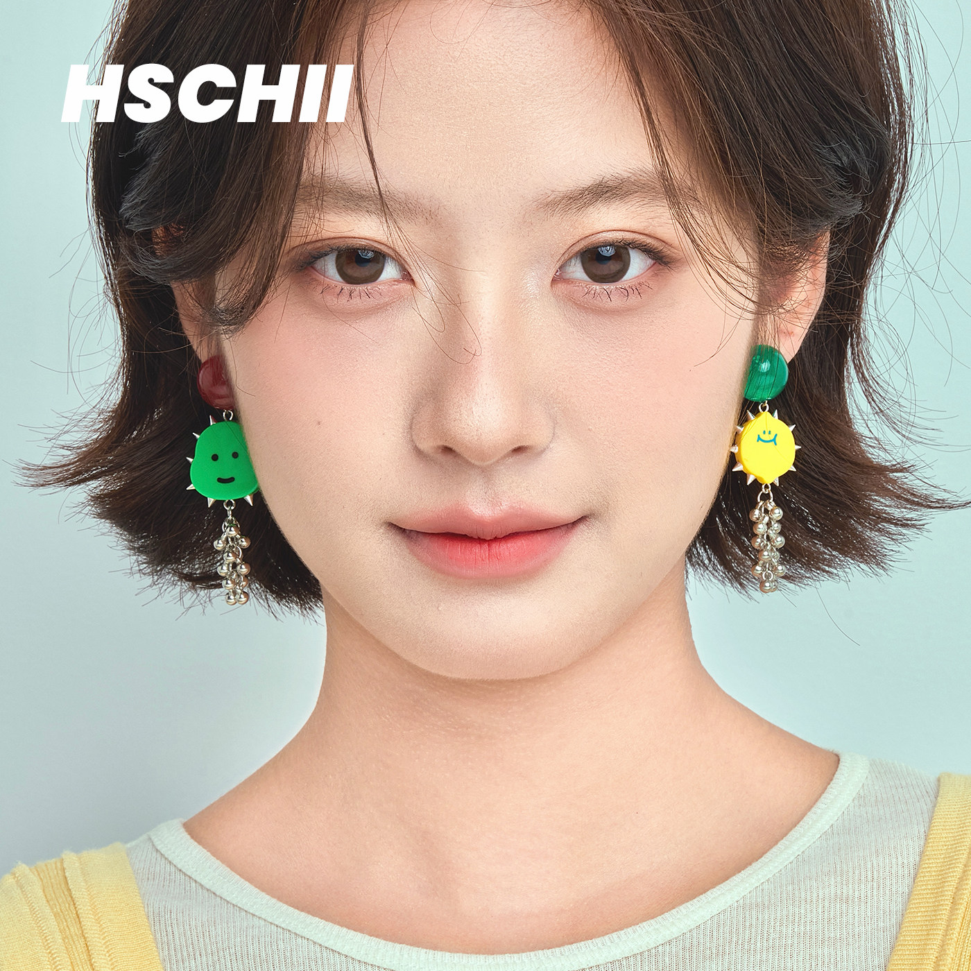 西迟青芒与柠黄耳环女小众设计高级感小怪兽个性铆钉耳饰笑脸耳夹