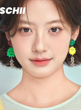 西迟青芒与柠黄耳环女小众设计高级感小怪兽个性铆钉耳饰笑脸耳夹