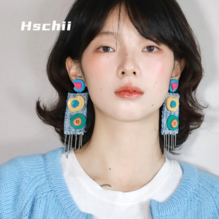 西迟祖母衣橱风彩色纽扣流苏耳环女复古设计感长条形耳饰原创耳夹