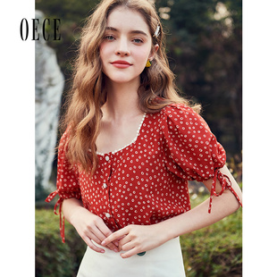 印花上衣衬衫 沁甜复古温柔方形领系带短袖 女装 Oece春夏新款