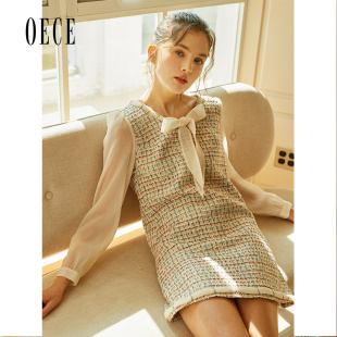 Oece春秋装女款小香风复古织花圆领修身假两件修身连衣裙