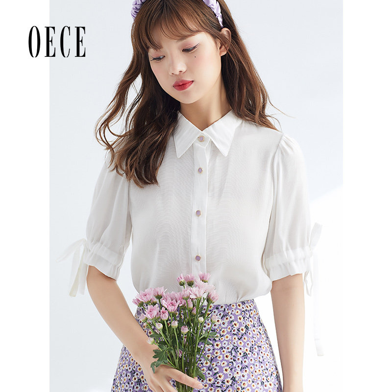 Oece春夏装新款女装梦幻法式甜美减龄泡泡袖系带白色雪纺上衣