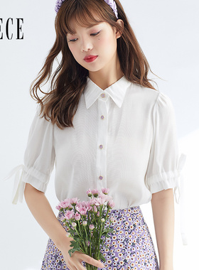 Oece春夏装新款女装梦幻法式甜美减龄泡泡袖系带白色雪纺上衣
