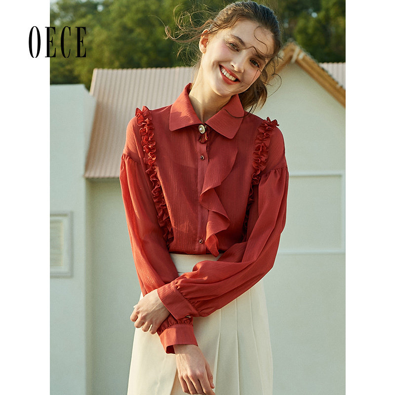 Oece春秋装新款女装甜蜜复古公举心花边翻领灯笼袖上衣