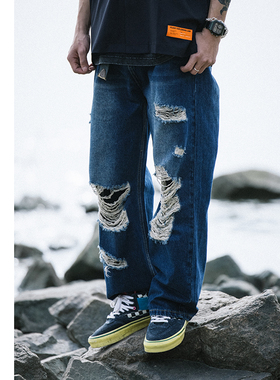 FLOAT 嘻哈新款潮流复古洗水破洞糜烂阔腿时尚休闲百搭男牛仔长裤