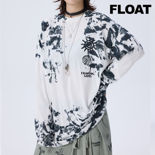 FLOAT25复古潮流设计风个性植物印染扎染女长袖T恤打底衫宽松上衣