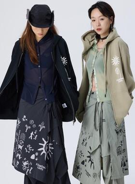 FG漂浮女孩秋冬24新款百搭开衫连帽加厚仙女风慵懒风印花卫衣外套