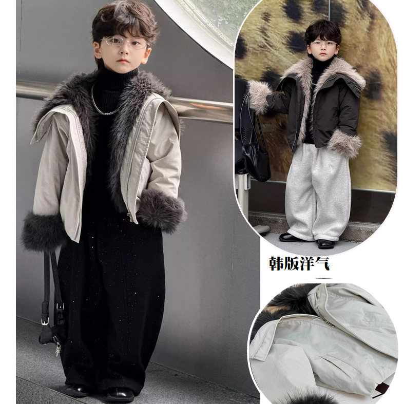 男童加绒外套冬季新款儿童韩版米色帅气毛毛翻领上衣加厚保暖洋气