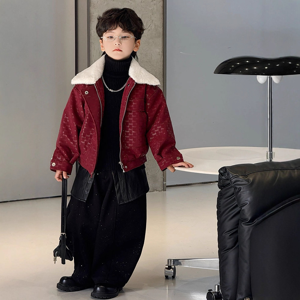 男童红色皮衣冬季帅气加绒皮夹克