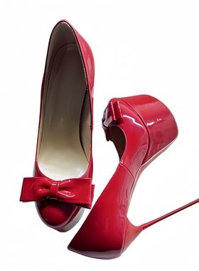 超高跟时装单鞋圆头蝴蝶结红色漆皮高跟鞋platform heels 16cm