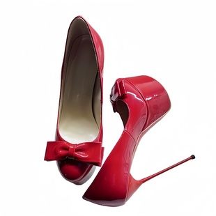超高跟时装单鞋圆头蝴蝶结红色漆皮高跟鞋platform heels 16cm