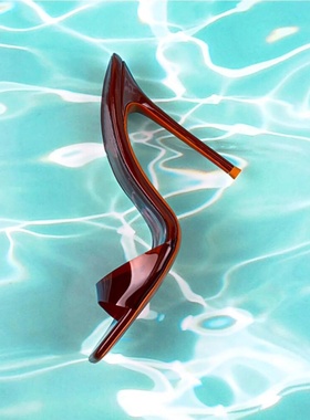 方头时装凉鞋棕色PVC细跟性感露趾女凉拖sandals women宴会