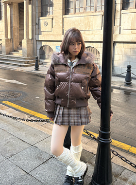 美式复古秋冬保暖连帽毛领短款美拉德棉服女贴布印花百搭加厚外套