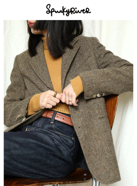 SPR|棕色人字纹粗花呢羊毛复古利落西装外套 英伦复古女士西装