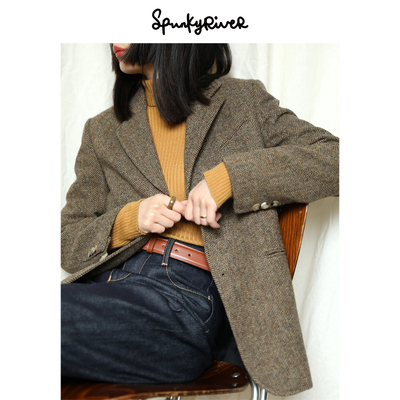 棕色人字纹粗花呢羊毛复古西装