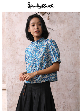 SPR|Liberty Tana棉蓝色碎花荷叶领百褶短袖衬衫复古法式甜美文艺