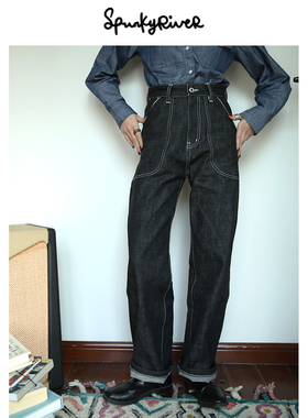 SPR｜冈山原牛赤耳黑耳女士复古工装高腰直筒黑色牛仔裤