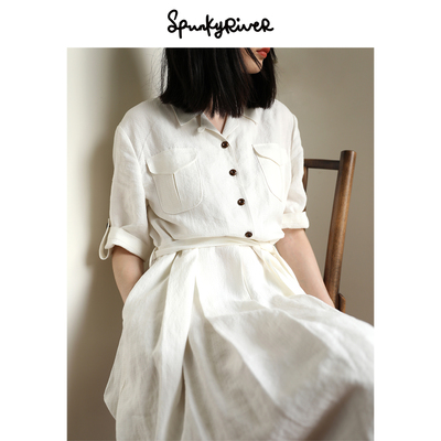 比利时亚麻高腰复古连衣裙