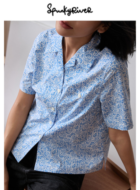 SPR｜意大利纯棉府绸蓝色碎花古巴领复古短袖衬衫 夏日度假感衬衣