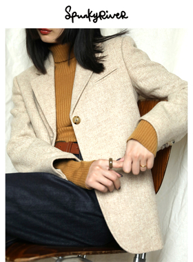 SPR|小麦色复古粗花呢英伦羊毛西装 米白色百搭秋冬法式 女士西服