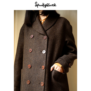 英国进口棕色人字纹粗花呢甜美复古双排扣女士羊毛大衣