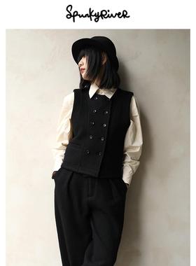 SPR｜意大利珍珠呢羊毛圈圈羊毛厚实黑色复古双排扣英伦马甲女士