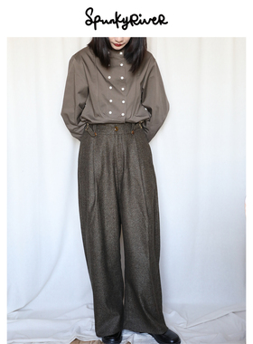 SPR| 意产精纺小千鸟格人字纹复古高腰阔腿西裤 英伦风弯刀裤