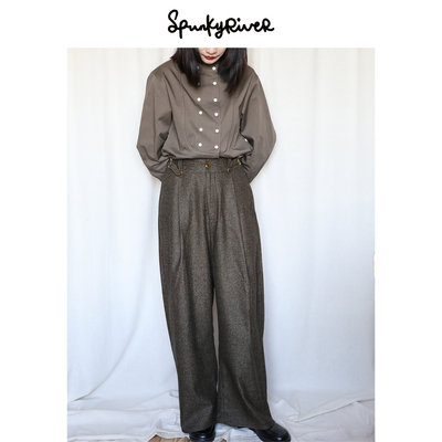 SPR| 意产精纺小千鸟格人字纹复古高腰阔腿西裤 英伦风弯刀裤